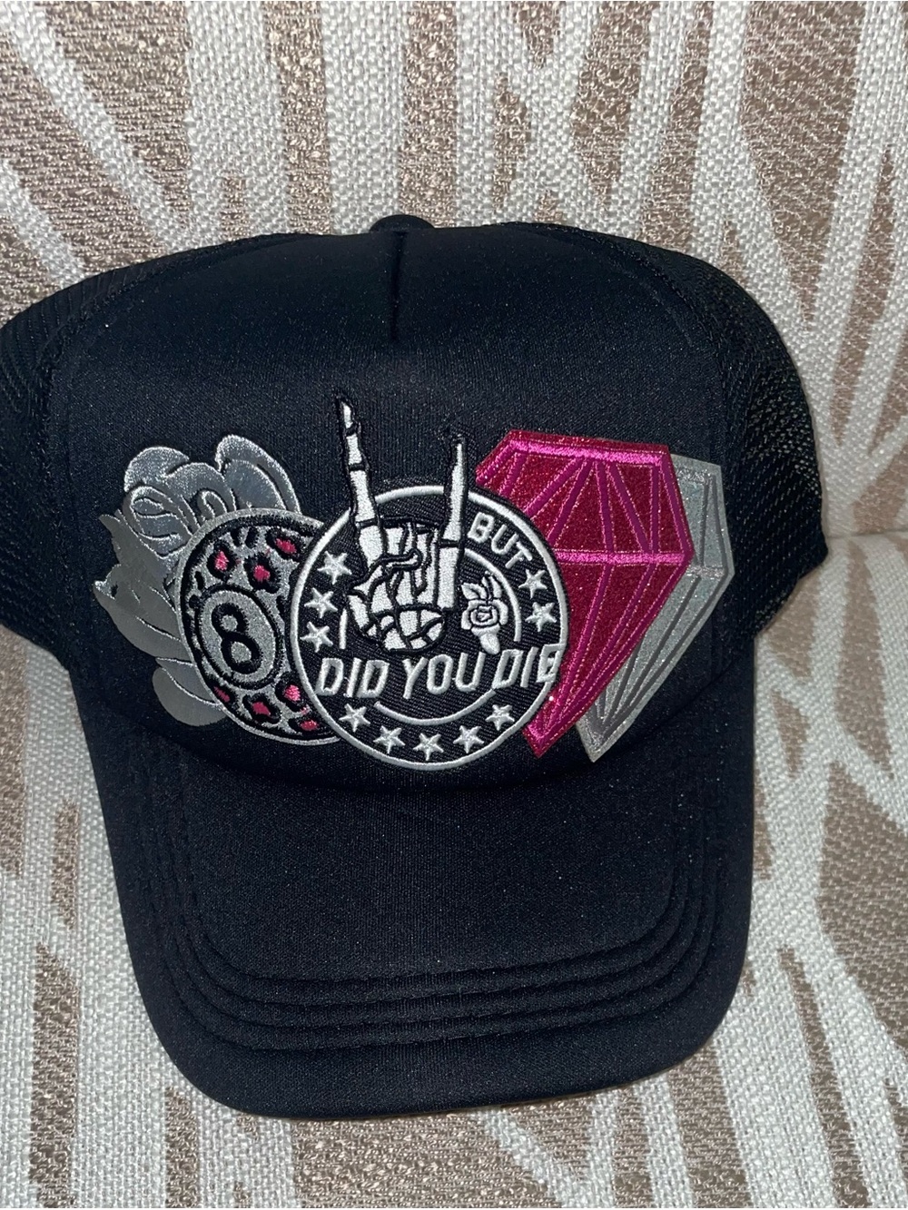 Black Women’s Trucker Hat with Pink Diamond Patch